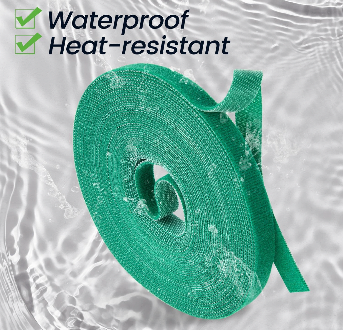 Green nylon reusable tape with waterproof and heat-resistant text on a water background