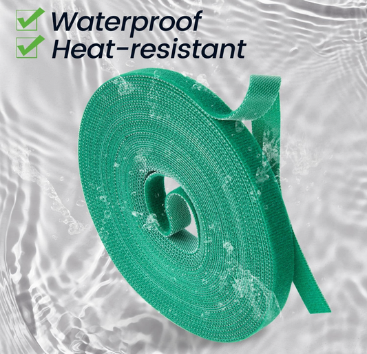 Green nylon reusable tape with waterproof and heat-resistant text on a water background
